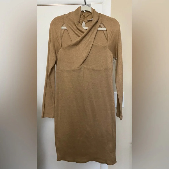 NWT ASTR Dress Long Sleeve Wrap Neck Cutout Knit Mini Tan Size XL - Picture 3 of 7